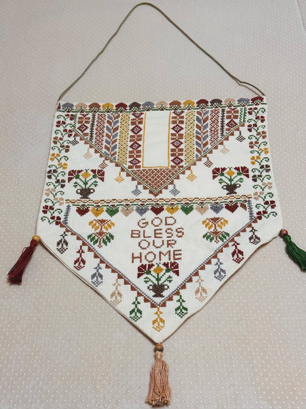 Handcrafted 'God Bless Our Home' Cross-Stitch Wall Banner - Multicolor